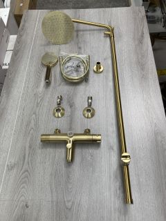 WALL MOUNTED THERMOSTATIC BSM IN BRUSHED BRASS WITH RISER RAIL, ROUND FIXED SHOWER HEAD, MULTI FUNCTION HANDSET & HOSE - RRP £735: LOCATION - RACKING 1