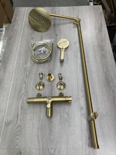 WALL MOUNTED THERMOSTATIC BSM IN BRUSHED BRASS WITH RISER RAIL, ROUND FIXED SHOWER HEAD, MULTI FUNCTION HANDSET & HOSE - RRP £735: LOCATION - RACKING 1