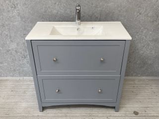 (COLLECTION ONLY) FLOOR STANDING 2 DRAWER SINK UNIT IN LIGHT GREY WITH A 810 X 400MM 1TH CERAMIC BASIN COMPLETE WITH A MONO BASIN MIXER TAP & CHROME SPRUNG WASTE - RRP £840: LOCATION - PHOTO BOOTH