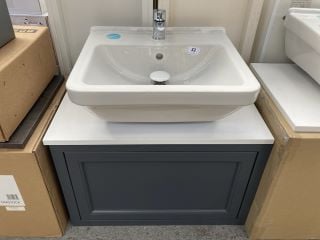 (COLLECTION ONLY) ROPER RHODES WALL HUNG 1 DRAWER COUNTERTOP SINK UNIT IN SLATE GREY & WHITE 670 X 400MM WITH A 1TH CERAMIC BASIN COMPLETE WITH A MONO BASIN MIXER TAP & WHITE SPRUNG WASTE - RRP £765: