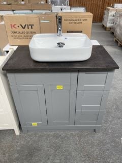 (COLLECTION ONLY) FLOOR STANDING 2 DOOR 3 DRAWER COUNTERTOP SINK UNIT IN DOVE GREY & MOCCA 900 X 500MM WITH A 1TH CERAMIC BASIN COMPLETE WITH A MONO BASIN MIXER TAP & CHROME SPRUNG WASTE - RRP £890: