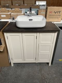 (COLLECTION ONLY) FLOOR STANDING 2 DOOR 3 DRAWER COUNTERTOP SINK UNIT IN WHITE & MOCCA 900 X 500MM WITH A 1TH CERAMIC BASIN COMPLETE WITH A MONO BASIN MIXER TAP & CHROME SPRUNG WASTE - RRP £890: LOCA