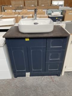 (COLLECTION ONLY) FLOOR STANDING 2 DOOR 3 DRAWER COUNTERTOP SINK UNIT IN MIDNIGHT BLUE & MOCCA 900 X 500MM WITH A 1TH CERAMIC BASIN COMPLETE WITH A MONO BASIN MIXER TAP & CHROME SPRUNG WASTE - RRP £8