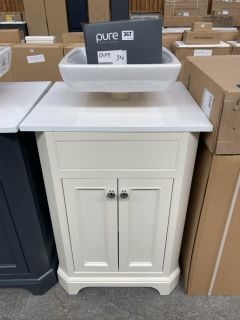 (COLLECTION ONLY) FLOOR STANDING 2 DOOR OLD LONDON STYLE COUNTERTOP SINK UNIT IN IVORY & WHITE 600 X 520MM WITH A SQUARE CERAMIC VESSEL BASIN WITH A WALL MOUNTED BASIN MIXER IN CHROME WITH SPRUNG WAS