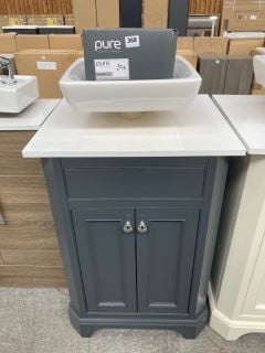 (COLLECTION ONLY) FLOOR STANDING 2 DOOR OLD LONDON STYLE COUNTERTOP SINK UNIT IN MATT ANTHRACITE & WHITE 600 X 520MM WITH A SQUARE CERAMIC VESSEL BASIN WITH A WALL MOUNTED BASIN MIXER IN CHROME WITH