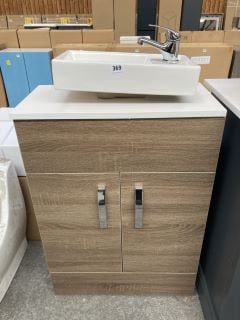 (COLLECTION ONLY) FLOOR STANDING 2 DOOR COUNTERTOP CLOSET SINK UNIT IN OAK & WHITE 600 X 300MM WITH A STH CERAMIC BASIN COMPLETE WITH A MONO BASIN MIXER TAP & CHROME SPRUNG WASTE - RRP £685: LOCATION