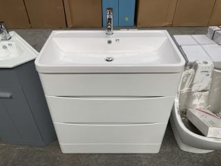 (COLLECTION ONLY) FLOOR STANDING 2 DRAWER SINK UNIT IN WHITE WITH A 800 X 460MM 1TH POLYMARBLE BASIN COMPLETE WITH A MONO BASIN MIXER TAP & CHROME SPRUNG WASTE - RRP £840: LOCATION - D3