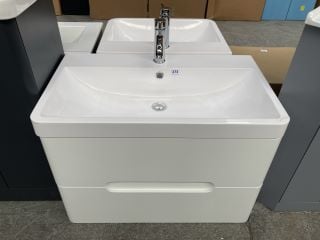 (COLLECTION ONLY) WALL HUNG 2 DRAWER SINK UNIT IN WHITE WITH A 790 X 455MM 1TH POLYMARBLE BASIN COMPLETE WITH A MONO BASIN MIXER TAP & CHROME SPRUNG WASTE - RRP £785: LOCATION - D3