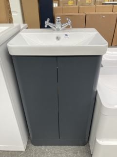 (COLLECTION ONLY) FLOOR STANDING 2 DOOR SINK UNIT IN ANTHRACITE WITH A 500 X 300MM 1TH CERAMIC BASIN COMPLETE WITH A MODERN CROSSHEAD MONO BASIN MIXER TAP & CHROME SPRUNG WASTE - RRP £705: LOCATION -