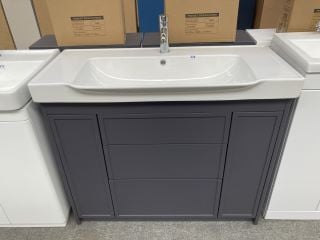 (COLLECTION ONLY) FLOOR STANDING 3 DRAWER 2 DOOR SINK UNIT IN ANTHRACITE WITH A 1000 X 470MM 1TH CERAMIC BASIN COMPLETE WITH A MONO BASIN MIXER TAP & CHROME SPRUNG WASTE - RRP £920: LOCATION - D3