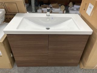 (COLLECTION ONLY) VITRA FLOOR STANDING 2 DOOR SINK UNIT IN OAK WITH A 920 X 500MM 1TH CERAMIC BASIN COMPLETE WITH A WATERFALL SPOUT MONO BASIN MIXER TAP & CHROME SPRUNG WASTE - RRP £1198: LOCATION -