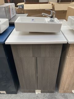 (COLLECTION ONLY) FLOOR STANDING 2 DOOR COUNTERTOP SINK UNIT IN BROWN GREY AVOLA & WHITE 500 X 390MM WITH A STH COUNTERTOP BASIN COMPLETE WITH A MONO BASIN MIXER TAP & CHROME SPRUNG WASTE - RRP £645: