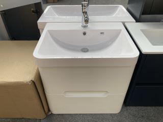 (COLLECTION ONLY) WALL HUNG 2 DRAWER SINK UNIT IN WHITE WITH A 590 X 455MM 1TH POLYMARBLE BASIN COMPLETE WITH A MONO BASIN MIXER TAP & CHROME SPRUNG WASTE - RRP £745: LOCATION - D3