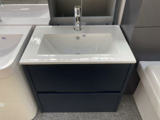 (COLLECTION ONLY) WALL HUNG 2 DRAWER SINK UNIT IN ROYAL BLUE WITH A 610 X 400MM 1TH CERAMIC BASIN COMPLETE WITH A MONO BASIN MIXER TAP & CHROME SPUNG WASTE - RRP £740: LOCATION - D3