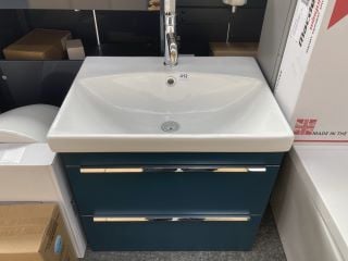 (COLLECTION ONLY) WALL HUNG 2 DRAWER SINK UNIT IN TEAL WITH A 600 X 450MM 1TH CERAMIC BASIN COMPLETE WITH A MONO BASIN MIXER TAP & CHROME SPRUNG WASTE - RRP £745: LOCATION - D4