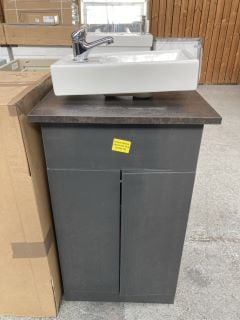 (COLLECTION ONLY) FLOOR STANDING 2 DOOR COUNTERTOP SINK UNIT IN GLOSS GREY & MOCCA 460 X 360MM WITH A STH CERAMIC BASIN COMPLETE WITH A MONO BASIN MIXER TAP & CHROME SPRUNG WASTE - RRP £635: LOCATION