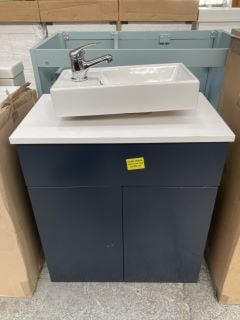 (COLLECTION ONLY) FLOOR STANDING 2 DOOR COUNTERTOP SINK UNIT IN INDIGO MATT & WHITE 600 X 360MM WITH A STH CERAMIC BASIN COMPLETE WITH A MONO BASIN MIXER TAP & CHROME SPRUNG WASTE - RRP £665: LOCATIO