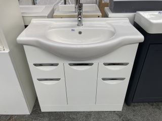 (COLLECTION ONLY) FLOOR STANDING 3 DOOR 2 DRAWER SEMI RECESSED SINK UNIT IN WHITE WITH A 850 X 480MM 1TH CERAMIC BASIN COMPLETE WITH A MONO BASIN MIXER TAP & CHROME SPRUNG WASTE - RRP £860: LOCATION