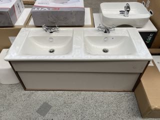 (COLLECTION ONLY) VITRA WALL HUNG 1 DRAWER TWIN SINK UNIT IN CASHMERE & WALNUT WITH 1200 X 465MM TWIN CERAMIC BASIN TOP (REPAIRABLE CHIP TO REAR LEFT CORNER) COMPLETE WITH 2 X TRADITIONAL CROSSHEAD M