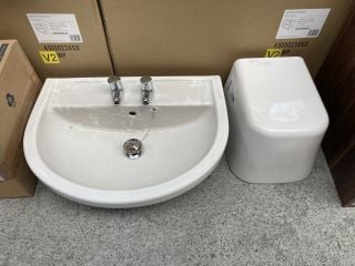 (COLLECTION ONLY) 600MM WIDE 2TH CERAMIC BASIN WITH SEMI PEDESTAL WITH PAIR OF ALL CHROME PILLAR TAPS & PLUG & CHAIN WASTE - RRP £305: LOCATION - C1