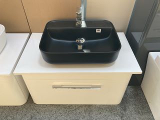 (COLLECTION ONLY) WALL HUNG 1 DRAWER COUNTERTOP SINK UNIT IN WHITE 800 X 460MM WITH A BLACK 1TH CERAMIC BASIN COMPLETE WITH A WATERFALL SPOUT MONO BASIN MIXER TAP & CHROME SPRUNG WASTE - RRP £820: LO