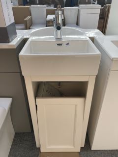 (COLLECTION ONLY) FLOOR STANDING 1 DOOR CLOSET SINK UNIT IN ANTIQUE WHITE WITH A 430 X 370MM 1TH CERAMIC BASIN COMPLETE WITH A MONO BASIN MIXER TAP IN CHROME WITH POP UP WASTE - RRP £715: LOCATION -