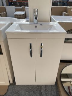 (COLLECTION ONLY) FLOOR STANDING 2 DOOR SINK UNIT IN WHITE WITH A 610 X 400MM 1TH CERAMIC BASIN COMPLETE WITH A MONO BASIN MIXER TAP & CHROME SPRUNG WASTE - RRP £740: LOCATION - D4