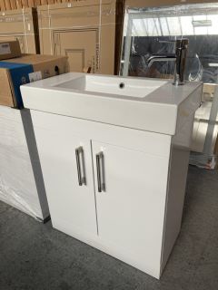 (COLLECTION ONLY) FLOOR STANDING 2 DOOR SINK UNIT IN WHITE WITH A 700 X 360MM 1TH CERAMIC BASIN COMPLETE WITH A MONO BASIN MIXER TAP & CHROME SPRUNG WASTE - RRP £750: LOCATION - D2