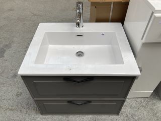 (COLLECTION ONLY) WALL HUNG 2 DRAWER SINK UNIT IN STONE GREY WITH A 605 X 480MM 1TH POLYMARBLE BASIN COMPLETE WITH MONO BASIN MIXER TAP & CHROME SPRUNG WASTE - RRP £720: LOCATION - C3