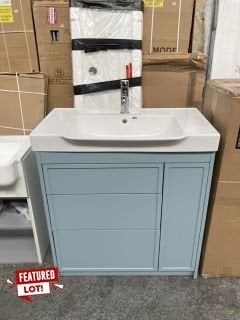 (COLLECTION ONLY) FLOOR STANDING 3 DRAWER 1 DOOR SINK UNIT IN MINERAL BLUE WITH A 800 X 470MM 1TH CERAMIC BASIN COMPLETE WITH A MONO BASIN MIXER TAP & CHROME SPRUNG WASTE - RRP £920: LOCATION - D8