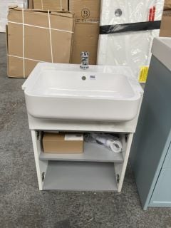 (COLLECTION ONLY) FLOOR STANDING SINK UNIT IN OFF WHITE WITH A 510 X 400MM 1TH POLYMARBLE BASIN COMPLETE WITH A MONO BASIN MIXER TAP & CHROME SPRUNG WASTE: LOCATION - D8