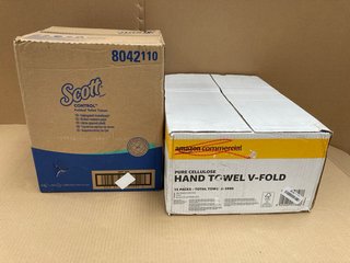 BOX OF COMMERCIAL PURE CELLULOSE V-FOLD HAND TOWELS TO INCLUDE BOX OF SCOTT CONTROL FOLDED TOILET TISSUE: LOCATION - F6