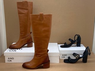 JOHN LEWIS & PARTNERS SADDLE LEATHER LONG BOOTS IN TAN- UK SIZE 5 TO INCLUDE AND/OR MYSTIC HEELED SANDALS IN BLACK- UK SIZE 5: LOCATION - F2