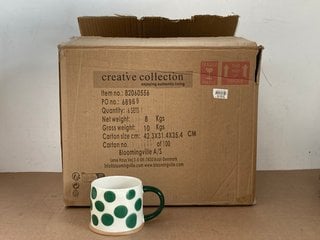 BOX OF CREATIVE COLLECTION POLKA DOT CERAMIC MUGS IN WHITE/GREEN: LOCATION - E1