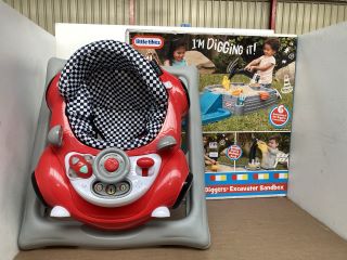 RED KIT RACING CAR WALKER TO ALSO INCLUDE LITTLE TIKES DIRT DIGGERS EXCAVATOR SANDBOX: LOCATION - E4