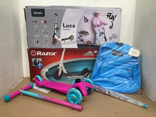 QTY OF ASSORTED SPORT AND EXERCISE ITEMS TO INCLUDE RAZOR A 5 AIR 2 WHEELED SCOOTER: LOCATION - H12