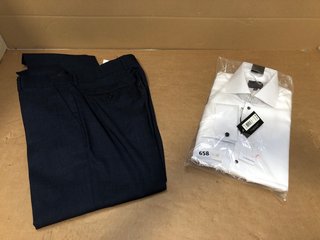 JOHN LEWIS & PARTNERS REGULAR FIT TROUSERS IN BLUE- UK SIZE 34R TO INCLUDE SLIM FIT SHIRT IN WHITE- SIZE 14.5": LOCATION - G13