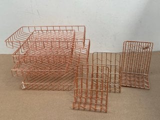 QTY OF JOHN LEWIS & PARTNERS A4 LETTER TRAYS IN ROSE GOLD TO INCLUDE QTY OF BOOK ENDS IN ROSE GOLD: LOCATION - F17