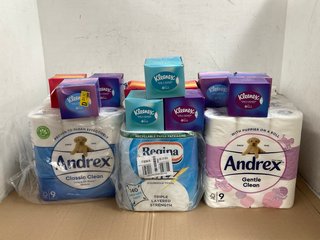 QTY OF ASSORTED TISSUES TO INCLUDE ANDREX CLASSIC CLEAN UNIQUE 3D WAVE TISSUES: LOCATION - WH3