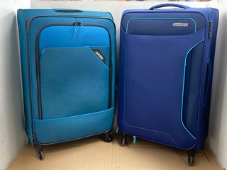 2 PIECE SOFTSHELL 360 SWIVEL LIGHTWEIGHT SUITCASES IN BLUE AND PURPLE: LOCATION - WH3