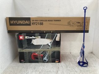 HYUNDAI 20V MAX CORDLESS HEDGE TRIMMER TO INCLUDE EINHELL CLASSIC MANUAL LAWNMOWER , FAITHFULL MIXING PADDLE: LOCATION - E7