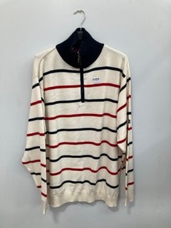 WINDBREAKER MENS QUARTER ZIP COTTON JUMPER IN RED , WHITE AND BLUE SIZE: L: LOCATION - E2