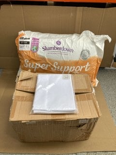 BOX OF SINGLE SIZE FLAT SHEETS IN WHITE TO INCLUDE SLUMBERDOWN SUPER SUPPORT 2 PACK PILLOWS: LOCATION - E2