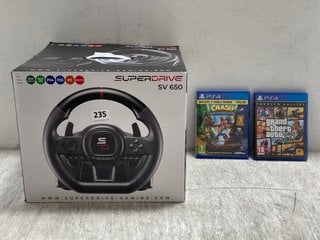 SUPER DRIVE SV 650 GAMING WHEEL TO INCLUDE 2 X ASSORTED PS4 GRAND THEFT AUTO FIVE AND CRASH BANDICOOT N SANE TRILOGY GAMES (PEGI 7+), PEGI 18+), PLEASE NOTE: 18+YEARS ONLY. ID MAY BE REQUIRED): LOCAT