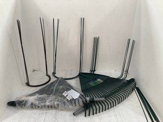 5 X ASSORTED ITEMS TO INCLUDE 2 X ADJUSTABLE LIGHTWEIGHT PLASTIC GARDEN RAKES IN GREEN: LOCATION - F18