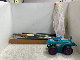 QTY OF ASSORTED CHILDRENS TOYS TO INCLUDE HOT WHEELS MONSTER TRUCK CAR CHOMPIN MEGA - WREX VEHICLE: LOCATION - G1