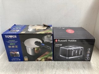 TOWER EXPRESS 7L STAINLESS STEEL PRESSURE COOKER TO INCLUDE RUSSELL HOBBS INSPIRE 4 SLICE TOASTER IN BLACK: LOCATION - G4