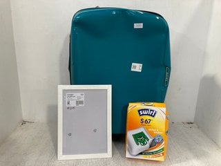 QTY OF ASSORTED HOUSE HOLD ITEMS TO INCLUDE IKEA 21 X 30CM PICTURE FRAME IN WHITE , LARGE RIBBED HARDSHELL TRAVEL SUITCASE IN LIGHT TEAL: LOCATION - G7