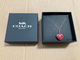 COACH LOGO PRINT HEART SHAPED LOCKET NECKLACE IN GOLD AND RED RRP - £95: LOCATION - G15