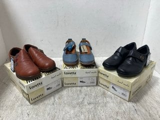 3 X LORETTA HAK LEATHER SLIP ON SHOES IN BLACK , TAN AND DENIM SIZE: 5 , 6 AND 7: LOCATION - G16